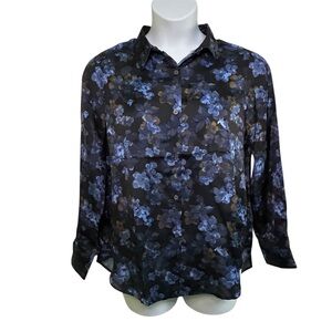 Elie. Elie Tahari Blouse Long Sleeve Floral Blue Gold Casual Sz Small & Medium